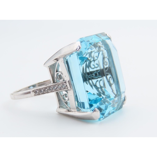 1255 - Exceptional Aquamarine Asher Cut Statement Ring Four Claw Setting Set Mounted on Platinum Band Aquam... 