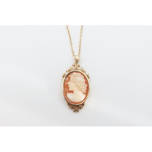 1268 - 9 Carat Yellow Gold Mounted Cameo Pendant Scroll Form Decoration Set on 9 Carat Yellow Gold Chain 40... 