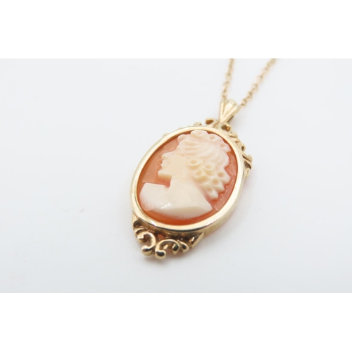 1268 - 9 Carat Yellow Gold Mounted Cameo Pendant Scroll Form Decoration Set on 9 Carat Yellow Gold Chain 40... 