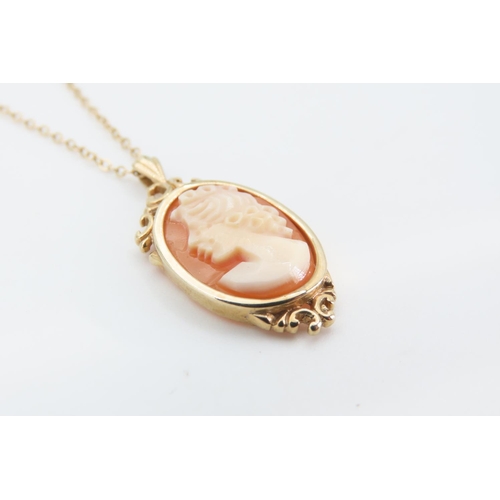 1268 - 9 Carat Yellow Gold Mounted Cameo Pendant Scroll Form Decoration Set on 9 Carat Yellow Gold Chain 40... 