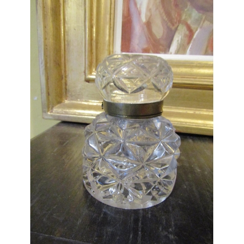 127 - Victorian Cut Crystal Desk Inkwell Hinged Cover Approximately 4 Inches High