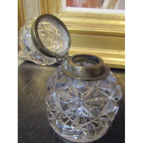 127 - Victorian Cut Crystal Desk Inkwell Hinged Cover Approximately 4 Inches High