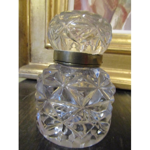 127 - Victorian Cut Crystal Desk Inkwell Hinged Cover Approximately 4 Inches High