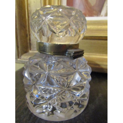 127 - Victorian Cut Crystal Desk Inkwell Hinged Cover Approximately 4 Inches High