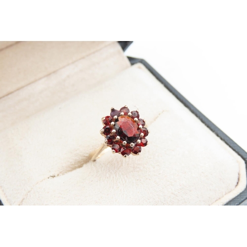 1276 - Red Garnet Cluster Ring Mounted on 9 Carat Yellow Gold Ring Size K