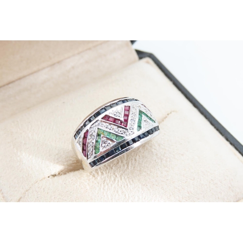 1277 - Sapphire, Ruby, Emerald and Diamond Set 14 Carat White Gold Ring Size T Modernist Design