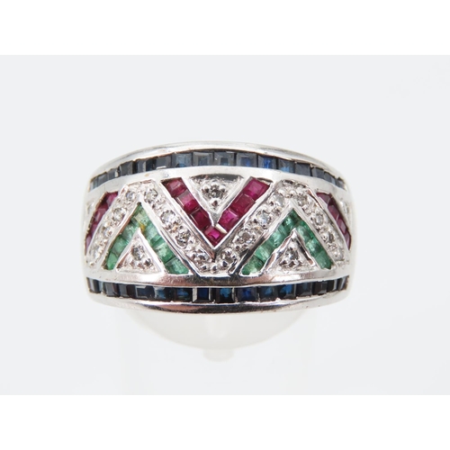 1277 - Sapphire, Ruby, Emerald and Diamond Set 14 Carat White Gold Ring Size T Modernist Design