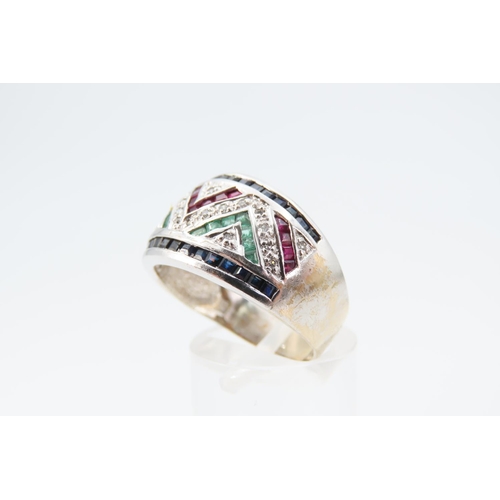 1277 - Sapphire, Ruby, Emerald and Diamond Set 14 Carat White Gold Ring Size T Modernist Design