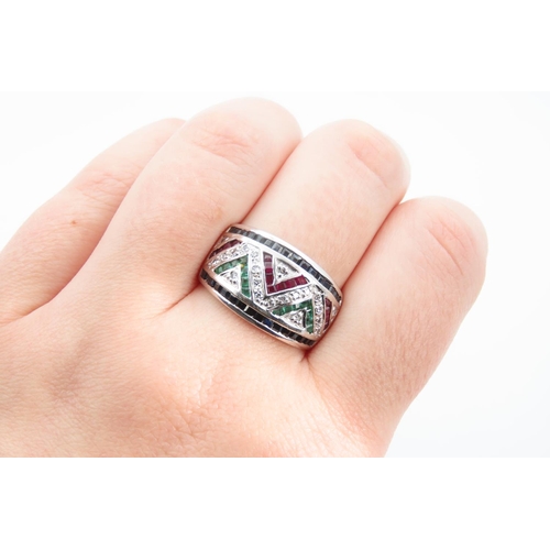 1277 - Sapphire, Ruby, Emerald and Diamond Set 14 Carat White Gold Ring Size T Modernist Design