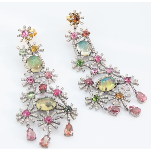 Pair of Intricate Opal, Diamond and Gemstone Set Ladies Earrings Each 7cm Drop