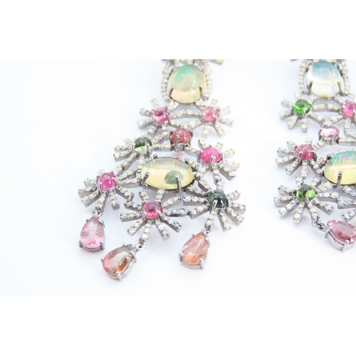 1288 - Pair of Intricate Opal, Diamond and Gemstone Set Ladies Earrings Each 7cm Drop