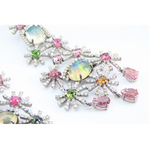 1288 - Pair of Intricate Opal, Diamond and Gemstone Set Ladies Earrings Each 7cm Drop