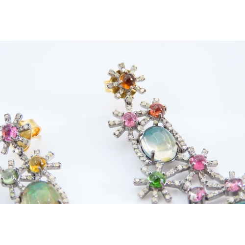 1288 - Pair of Intricate Opal, Diamond and Gemstone Set Ladies Earrings Each 7cm Drop