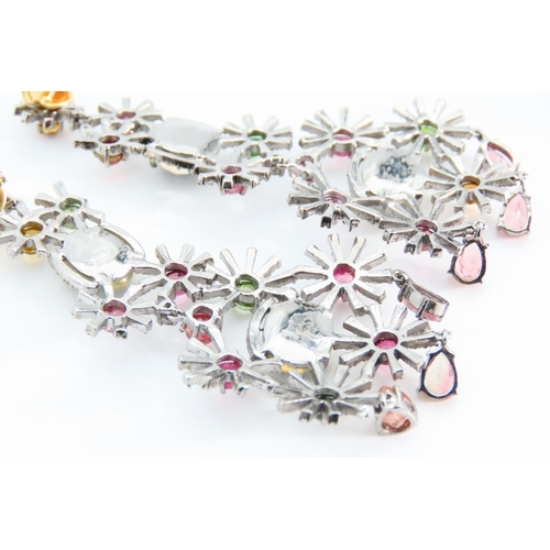 1288 - Pair of Intricate Opal, Diamond and Gemstone Set Ladies Earrings Each 7cm Drop