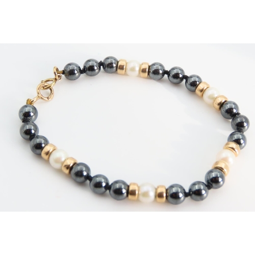 1295 - Pearl and Hematite Ladies Bracelet 9 Carat Yellow Gold Spacers with 9 Carat Yellow Gold Clasp 18cm L... 