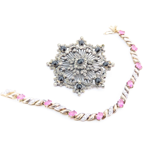 1297 - Silver Mounted Brooch and Bracelet Set with Pink Topaz Bracelet 18.5cm Long Attractively Detailed Br... 