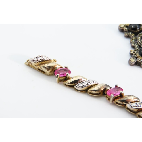 1297 - Silver Mounted Brooch and Bracelet Set with Pink Topaz Bracelet 18.5cm Long Attractively Detailed Br... 