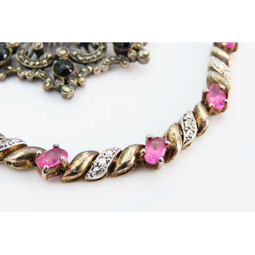 1297 - Silver Mounted Brooch and Bracelet Set with Pink Topaz Bracelet 18.5cm Long Attractively Detailed Br... 