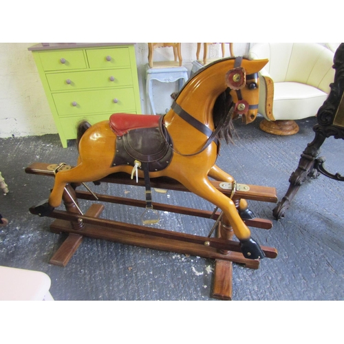 13 - Handmade Carved Wooden Rocking Horse Leather Saddle and Real Horse Hair Working Order Good Original ... 