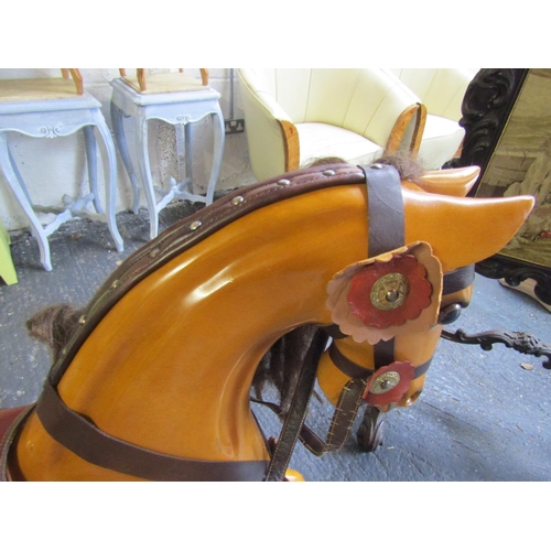 13 - Handmade Carved Wooden Rocking Horse Leather Saddle and Real Horse Hair Working Order Good Original ... 
