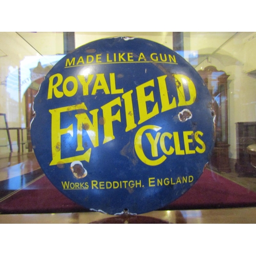 130 - Royal Enfield Cycles Circular Form Enamel Garage Advertising Sign Approximately 10 Inches Diameter