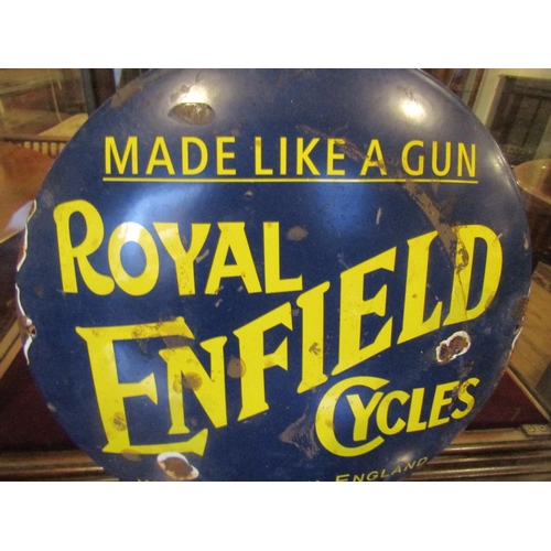 130 - Royal Enfield Cycles Circular Form Enamel Garage Advertising Sign Approximately 10 Inches Diameter