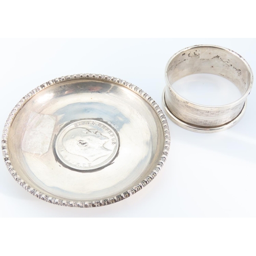 1300 - Silver Napkin Dish and Silver Rupee Coin Inset Dish Dated 1887