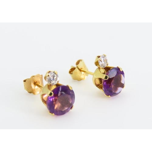 1307 - Pair of Amethyst and Diamond Set 9 Carat Yellow Gold Earrings