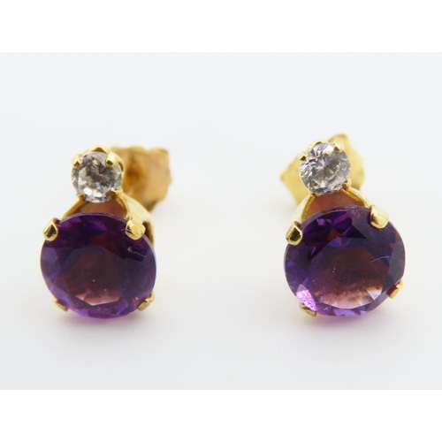 1307 - Pair of Amethyst and Diamond Set 9 Carat Yellow Gold Earrings