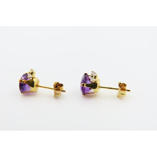 1307 - Pair of Amethyst and Diamond Set 9 Carat Yellow Gold Earrings