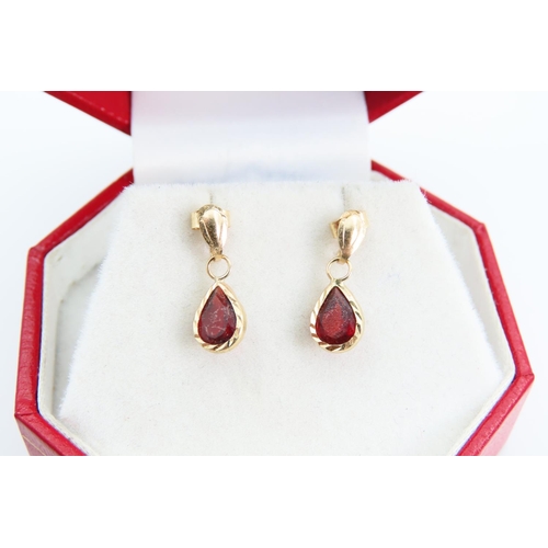 1309 - Pair of Red Garnet 9 Carat Yellow Gold Pear Drop Earrings Each 1.2cm High