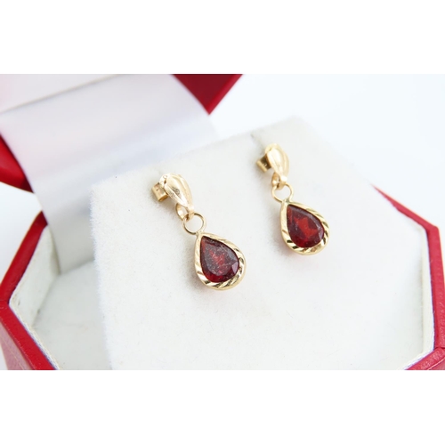 1309 - Pair of Red Garnet 9 Carat Yellow Gold Pear Drop Earrings Each 1.2cm High