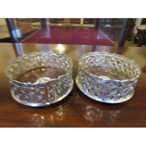 131 - Pair of Silver Plated Circular Form Wine Bottle Table Coasters Each Approximately 5 Inches Diameter