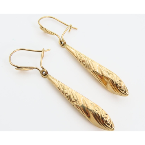 1311 - Pair of 9 Carat Yellow Gold Drop Earrings Incised Decoration Each 4cm Drop