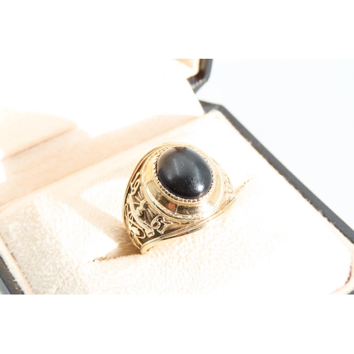 1320 - College Ring Oval Cut Cabochon Polished Onyx Centre Stone Detailed Band 9 Carat Yellow Gold Ring Siz... 