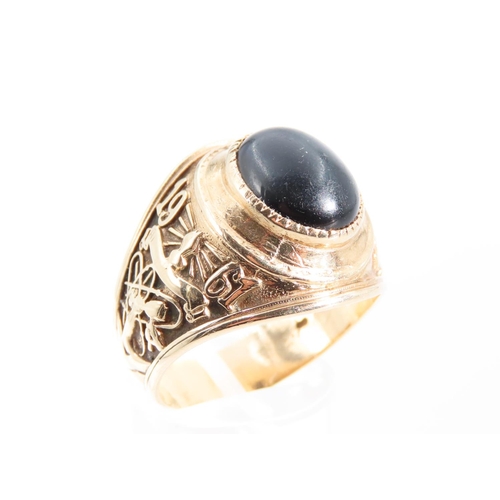 1320 - College Ring Oval Cut Cabochon Polished Onyx Centre Stone Detailed Band 9 Carat Yellow Gold Ring Siz... 