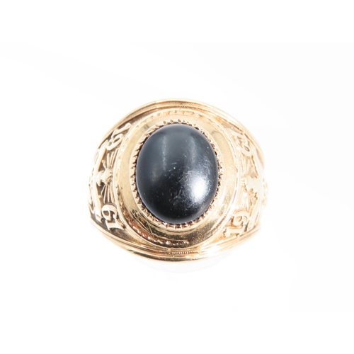 1320 - College Ring Oval Cut Cabochon Polished Onyx Centre Stone Detailed Band 9 Carat Yellow Gold Ring Siz... 