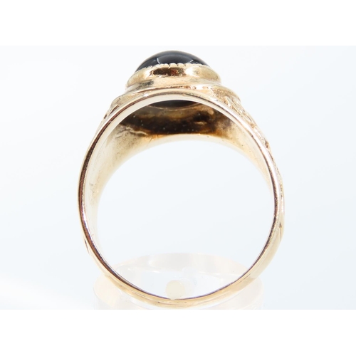 1320 - College Ring Oval Cut Cabochon Polished Onyx Centre Stone Detailed Band 9 Carat Yellow Gold Ring Siz... 