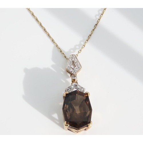 1334 - Diamond Set 9 Carat Yellow Gold Mounted Smokey Quartz Pendant Necklace Further Set on 9