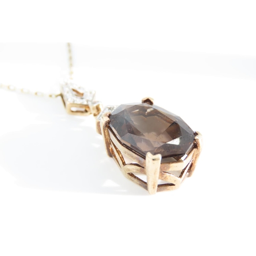 1334 - Diamond Set 9 Carat Yellow Gold Mounted Smokey Quartz Pendant Necklace Further Set on 9