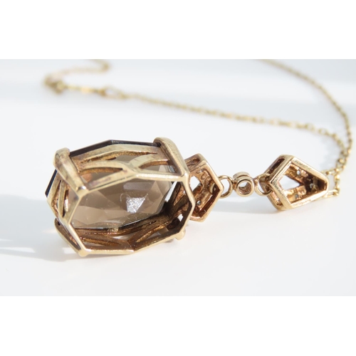 1334 - Diamond Set 9 Carat Yellow Gold Mounted Smokey Quartz Pendant Necklace Further Set on 9