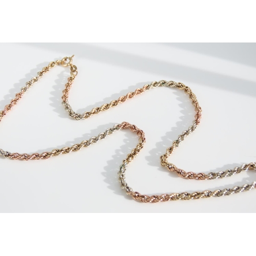 1336 - 9 Carat White Yellow and Rose Gold Rope Twist Motif Ladies Necklace 46cm Long