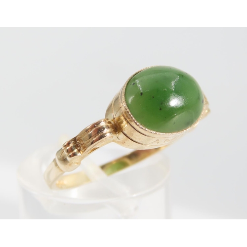 1338 - Jade Cabochon Polished Oval Cut Centre Stone Ring Mounted on 9 Carat Yellow Gold Band Ring