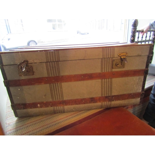 134 - Victorian Travelling Trunk Timber Framed Hinghed Cover Approximately 4ft Wide Including Various Line... 