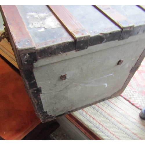 134 - Victorian Travelling Trunk Timber Framed Hinghed Cover Approximately 4ft Wide Including Various Line... 