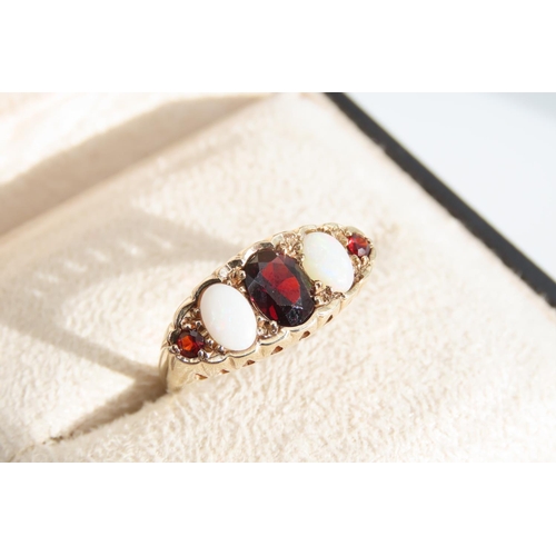 1340 - Garnet and Opal Five Stone Ring Mounted on 9 Carat Gold Band Size P