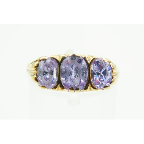 1342 - Three Stone Violet Sapphire and Diamond 9 Carat Yellow Gold Ring Size O