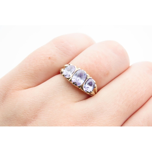 1342 - Three Stone Violet Sapphire and Diamond 9 Carat Yellow Gold Ring Size O