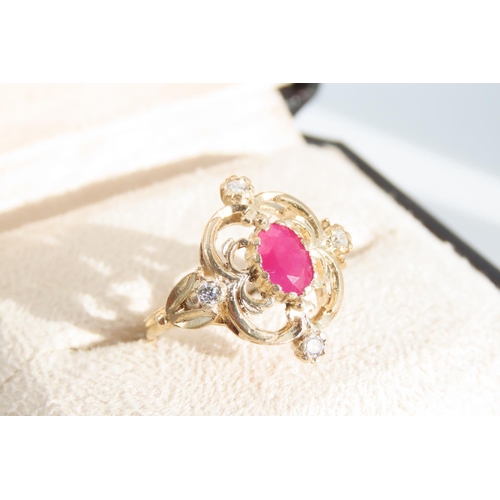 1344 - Ruby and Diamond Ladies Cluster Ring Mounted on 9 Carat Yellow Gold Band Attractively Detailed Ring ... 