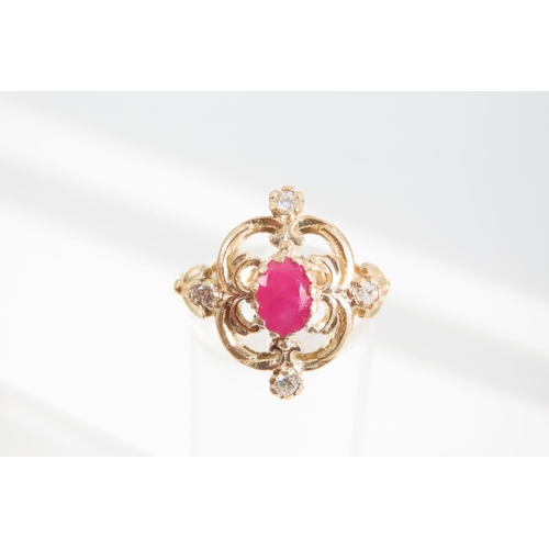 1344 - Ruby and Diamond Ladies Cluster Ring Mounted on 9 Carat Yellow Gold Band Attractively Detailed Ring ... 